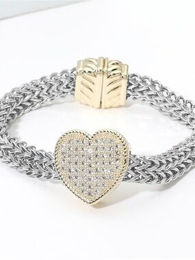 Two-Tone Heart Pavé Chain Bracelet - 14K Gold & Silvers